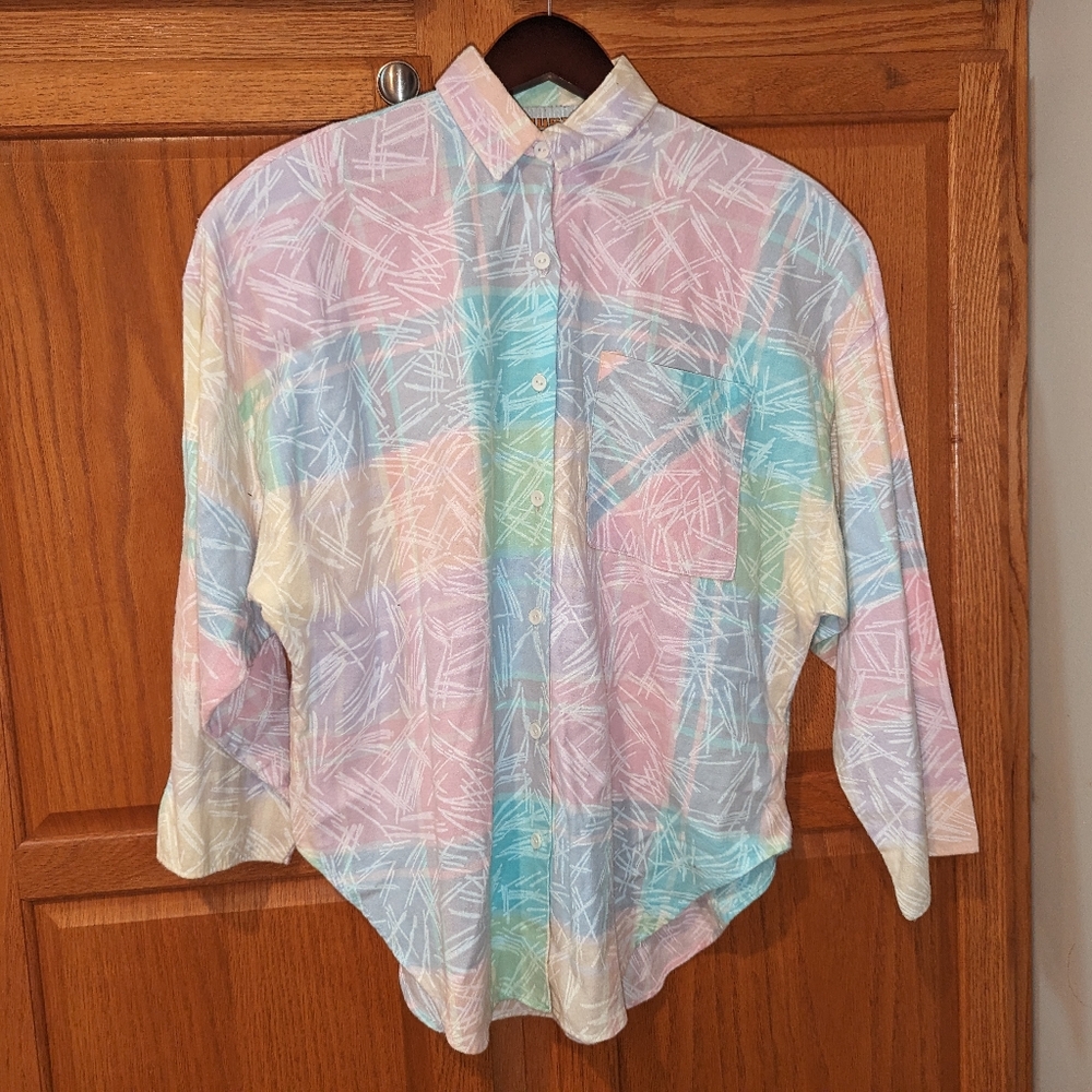 Vintage Just Cristina 90s Women size M pastel rainbow button up shirt shoulder p